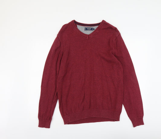 Maine Mens Red V-Neck Cotton Pullover Jumper Size S Long Sleeve