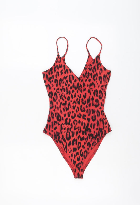 River Island Womens Red Animal Print Cotton Leotard One-Piece Size 8 Snap - Leopard Print
