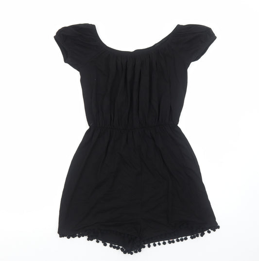 ASOS Womens Black Viscose Playsuit One-Piece Size 8 Pullover - Pom Pom Trim