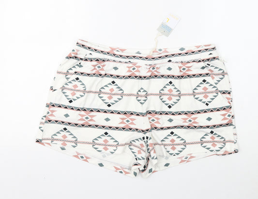 Primark Womens White Geometric Polyester Hot Pants Shorts Size 14 Regular Drawstring