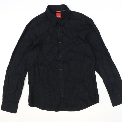 s.Oliver Mens Black Cotton Button-Up Size L Collared Button