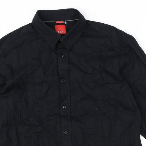 s.Oliver Mens Black Cotton Button-Up Size L Collared Button