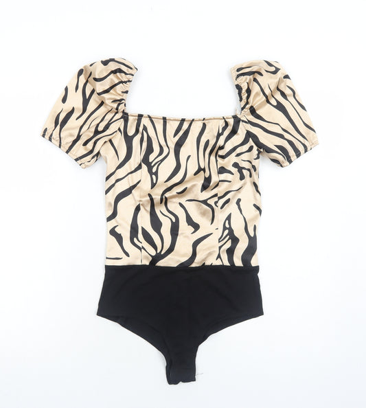 Quiz Womens Beige Animal Print Polyester Bodysuit One-Piece Size 8 Zip - Tiger Print