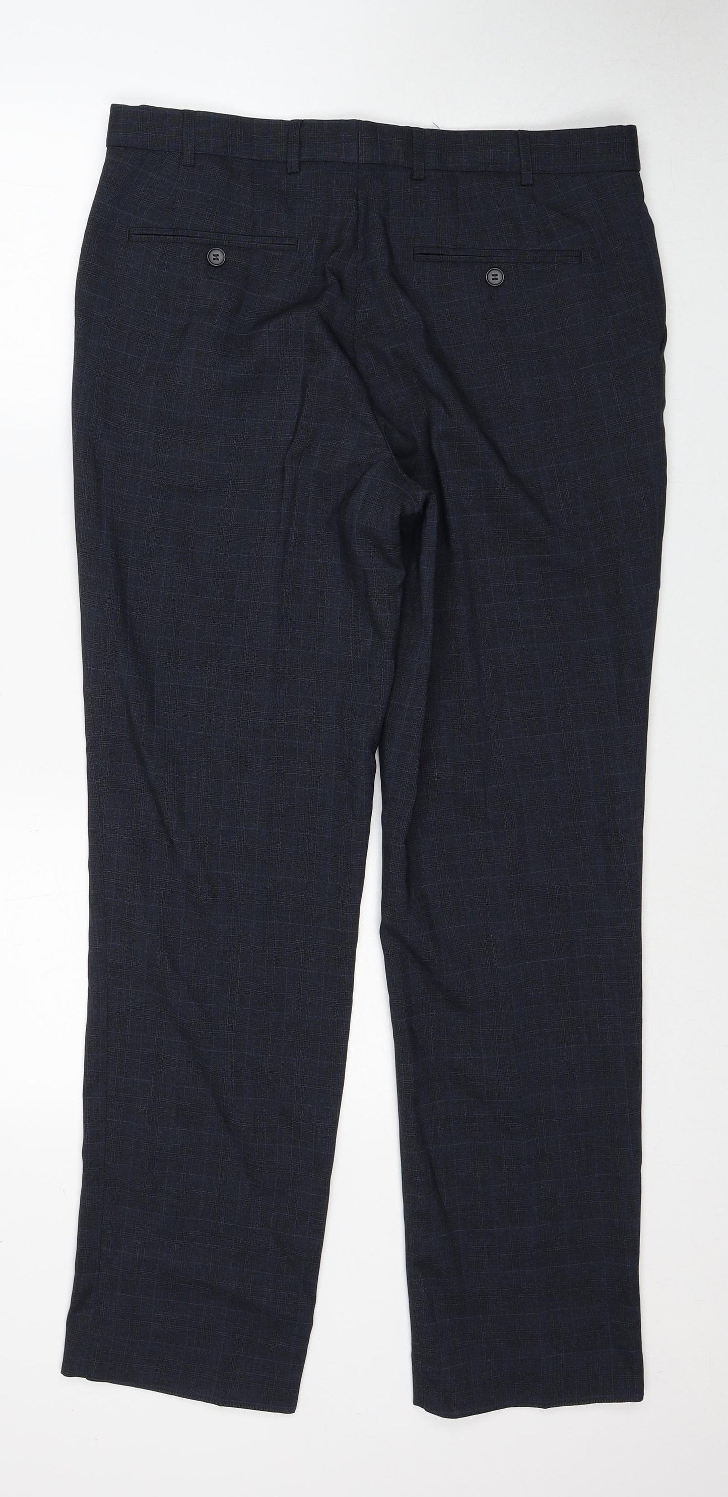 Matalan Mens Blue Check Polyester Trousers Size 32 in L31 in Regular Zip