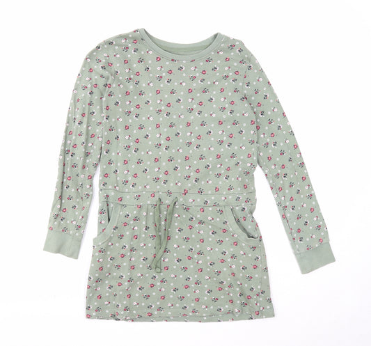 Lily & Dan Girls Green Geometric Cotton Jumper Dress Size 11-12 Years Round Neck Pullover