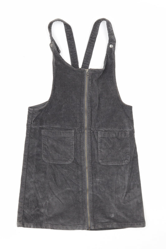Miss Evie Girls Black Cotton Pinafore/Dungaree Dress Size 12 Years Square Neck Zip