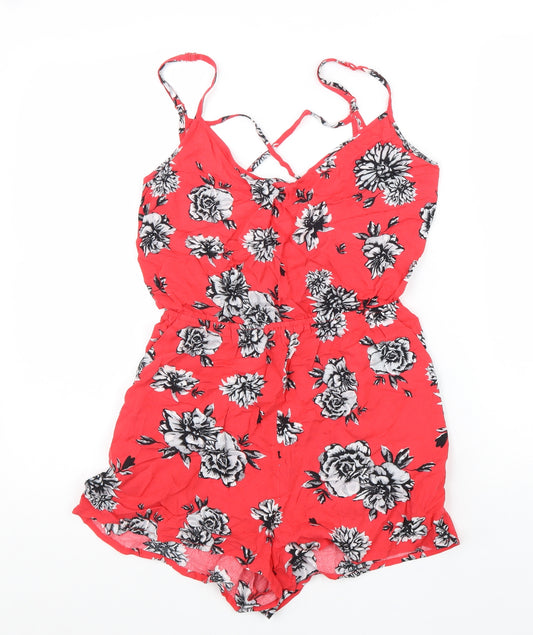 Divided Womens Red Floral Viscose Playsuit One-Piece Size 8 Pullover