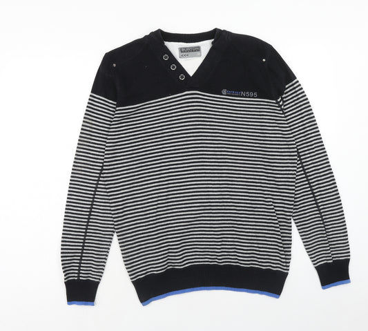 Burton Mens Black V-Neck Striped Cotton Pullover Jumper Size M Long Sleeve