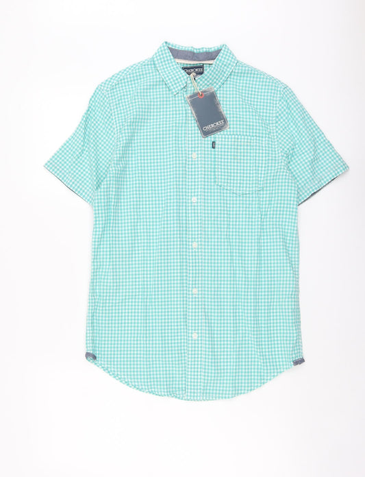 Cherokee Mens Blue Check Cotton Button-Up Size S Collared Button