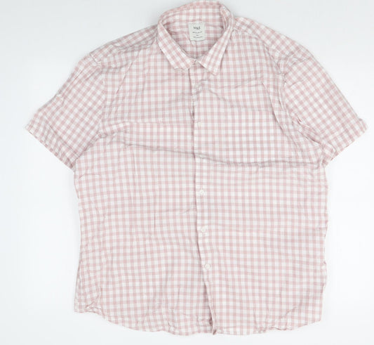 Marks and Spencer Mens Pink Check Cotton Button-Up Size XL Collared Button