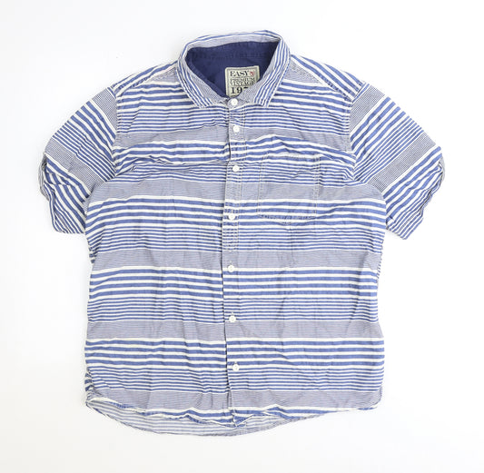Premium Vintage Mens Blue Striped Cotton Button-Up Size XL Collared Button