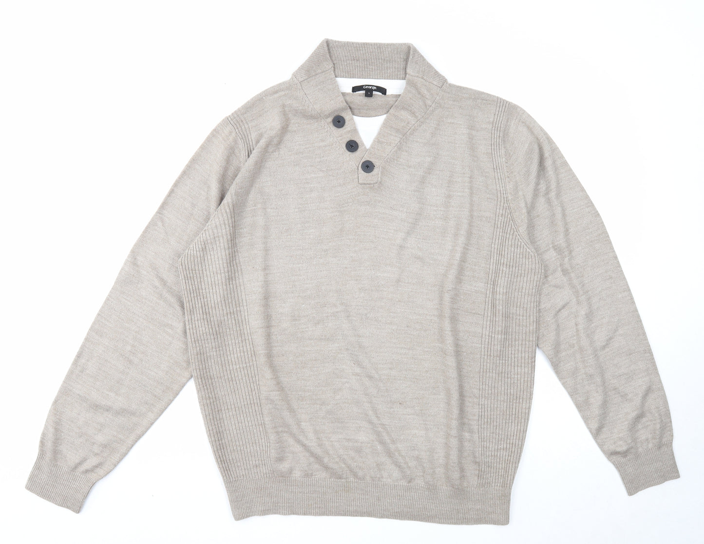 George Mens Beige V-Neck Acrylic Pullover Jumper Size L Long Sleeve