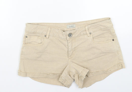 Pull&Bear Womens Beige Cotton Hot Pants Shorts Size 10 Regular Button