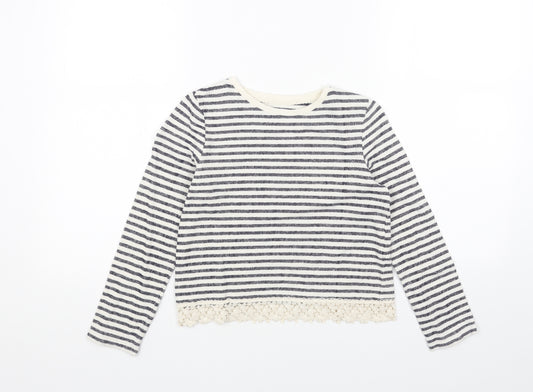 Marks and Spencer Girls White Striped Cotton Pullover Sweatshirt Size 8-9 Years Pullover - Lace Trim