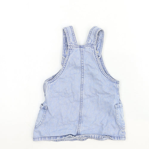 F&F Girls Blue Cotton Pinafore/Dungaree Dress Size 2-3 Years Square Neck Snap