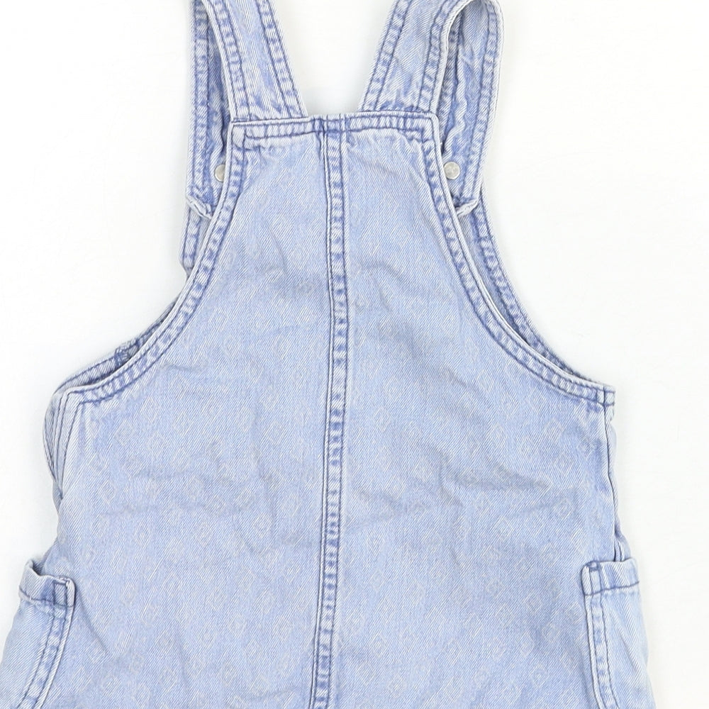 F&F Girls Blue Cotton Pinafore/Dungaree Dress Size 2-3 Years Square Neck Snap