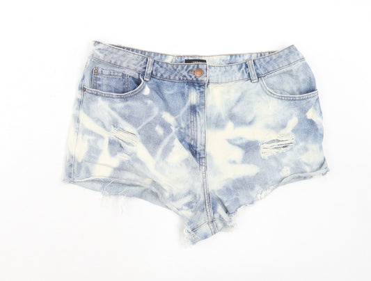Matalan Womens Blue Cotton Hot Pants Shorts Size 16 Regular Zip - Distressed Acid Wash