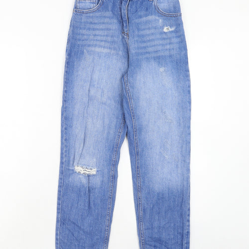 NEXT Girls Blue Cotton Tapered Jeans Size 11 Years Regular Zip - Distressed