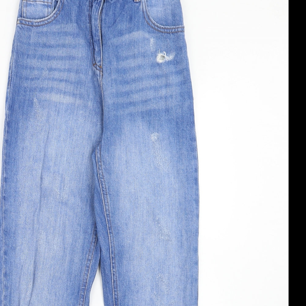 NEXT Girls Blue Cotton Tapered Jeans Size 11 Years Regular Zip - Distressed