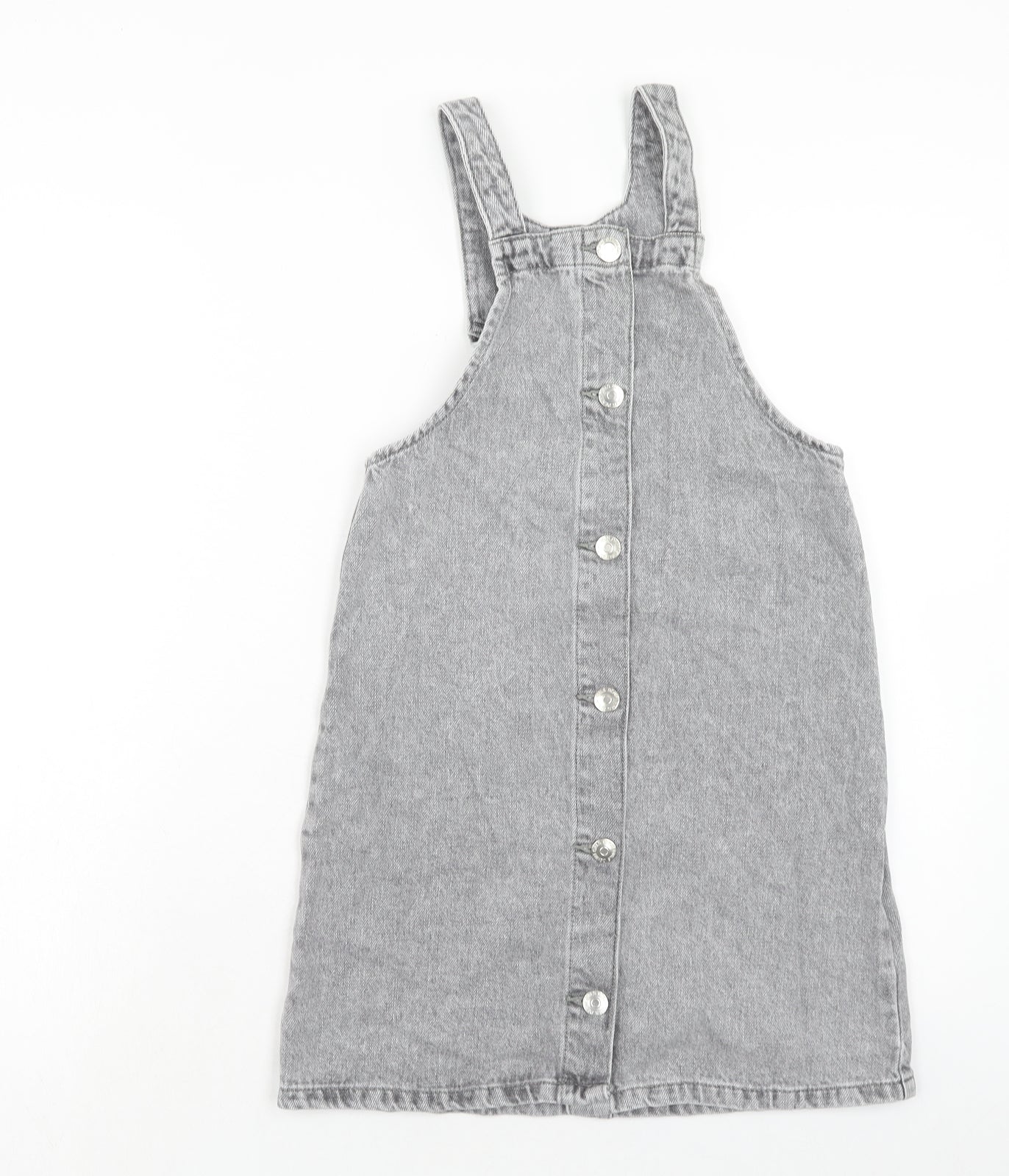 Matalan Girls Grey Cotton Pinafore/Dungaree Dress Size 10 Years Square Neck Button