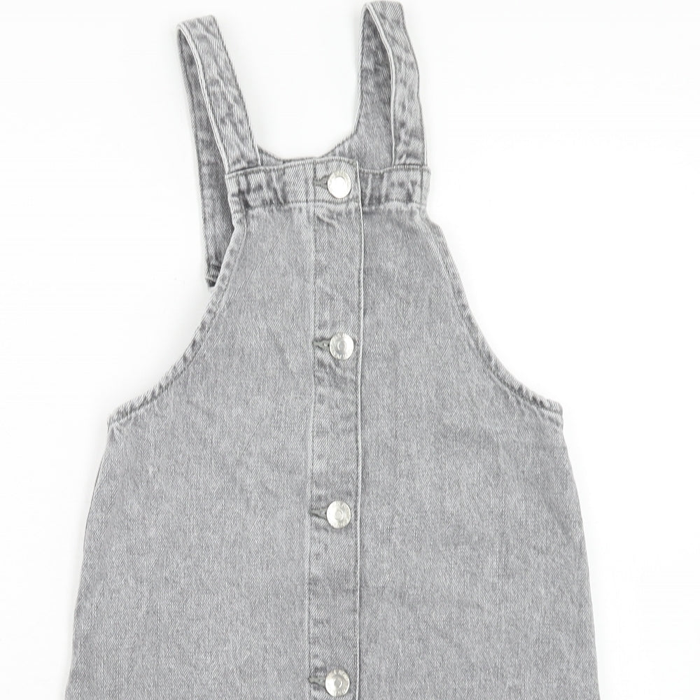 Matalan Girls Grey Cotton Pinafore/Dungaree Dress Size 10 Years Square Neck Button