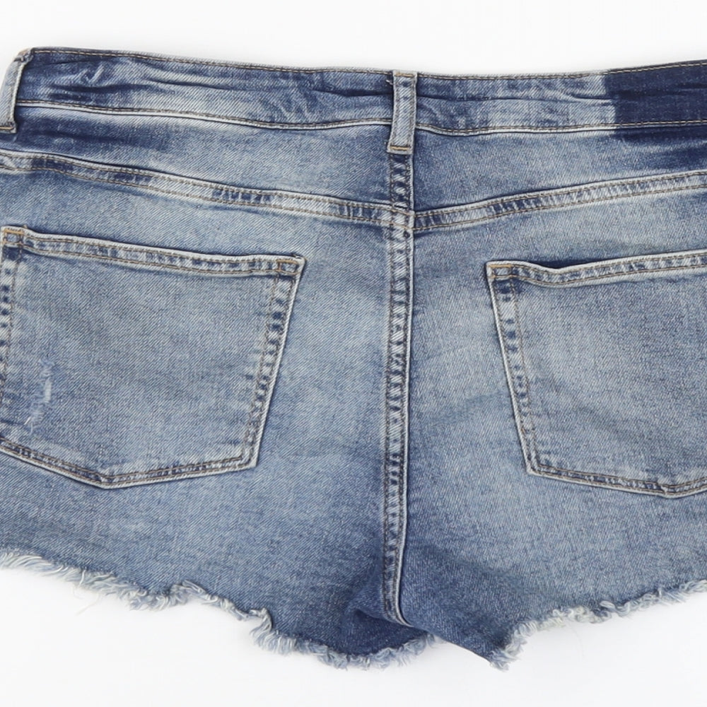 H&M Womens Blue Herringbone Cotton Hot Pants Shorts Size 10 L3 in Regular Button
