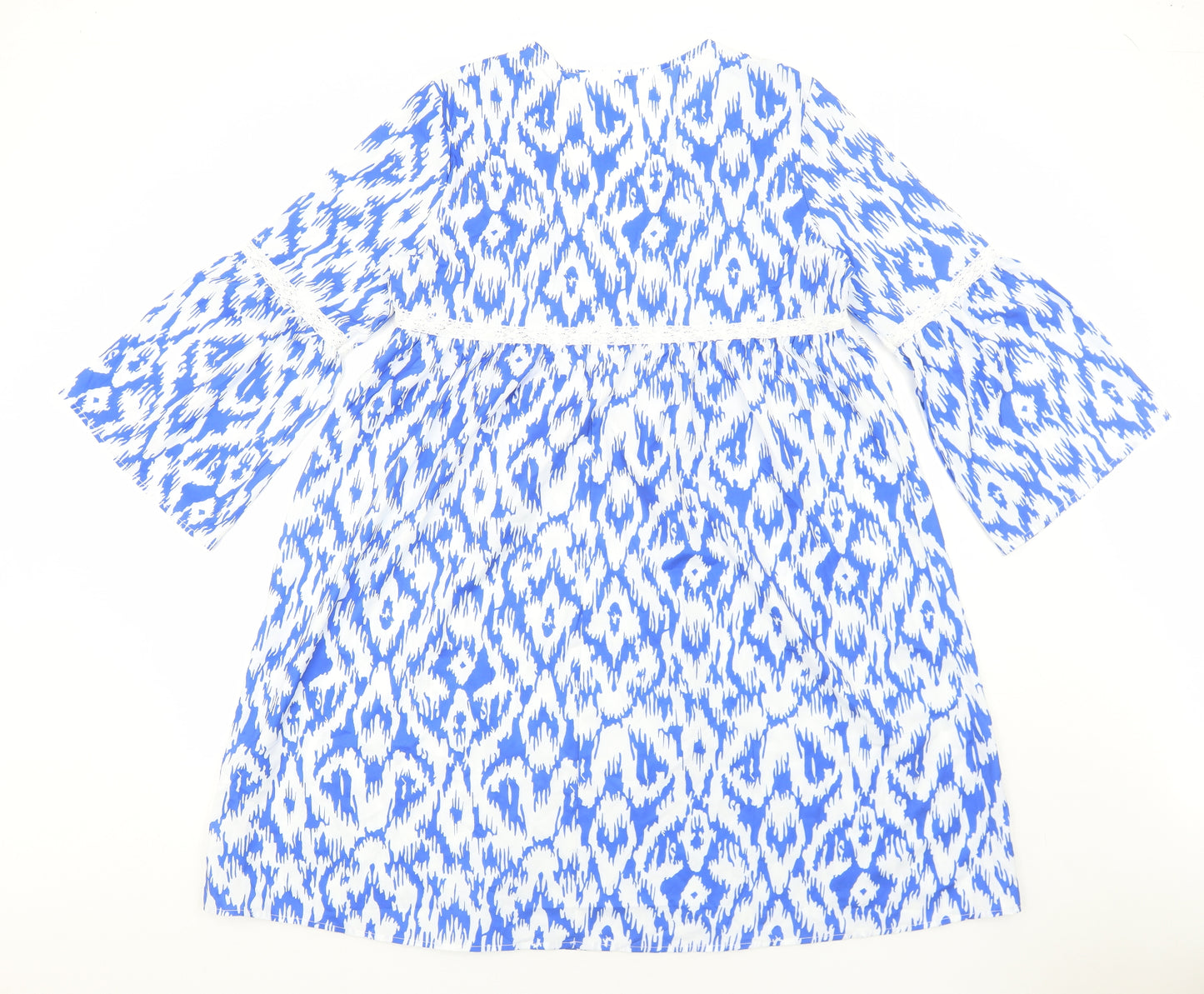 Preworn Womens Blue Geometric Polyester Kaftan Size L V-Neck Pullover
