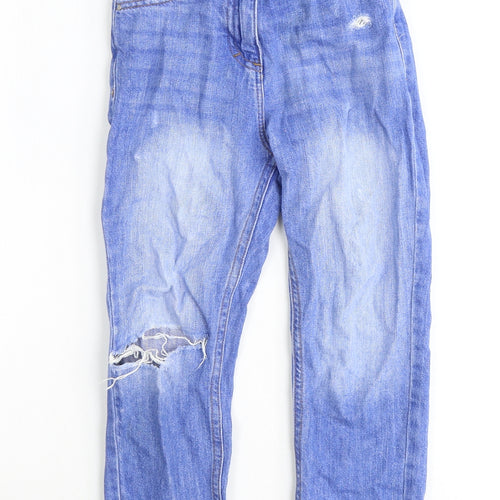 NEXT Girls Blue 100% Cotton Boyfriend Jeans Size 6 Years Regular Button - Distressed