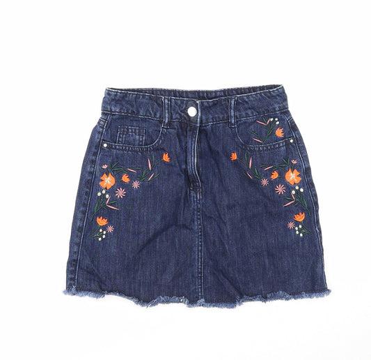 M&Co Girls Blue Cotton Mini Skirt Size 12 Years Regular Zip - Floral Detail