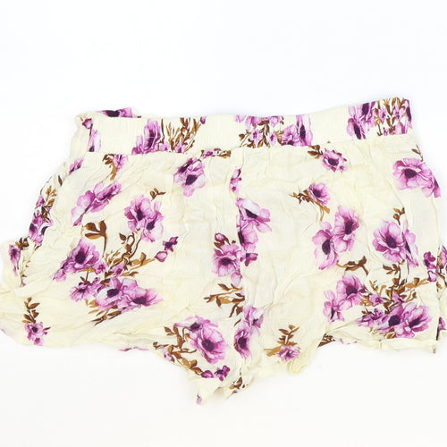 Primark Womens Ivory Floral Viscose Basic Shorts Size 8 Regular Tie