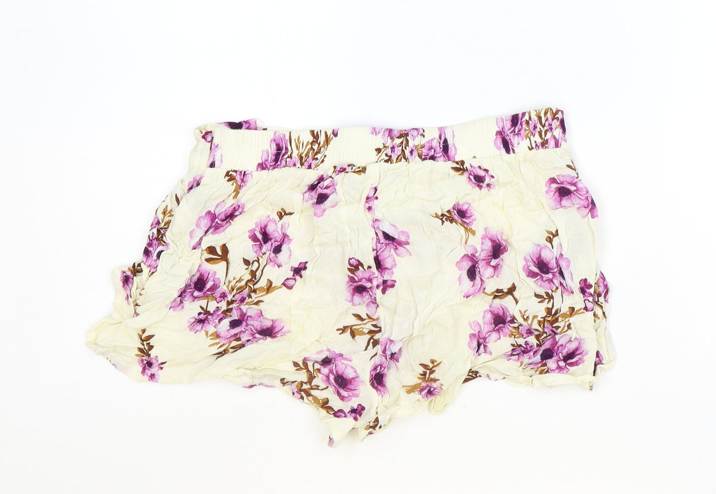 Primark Womens Ivory Floral Viscose Basic Shorts Size 8 Regular Tie