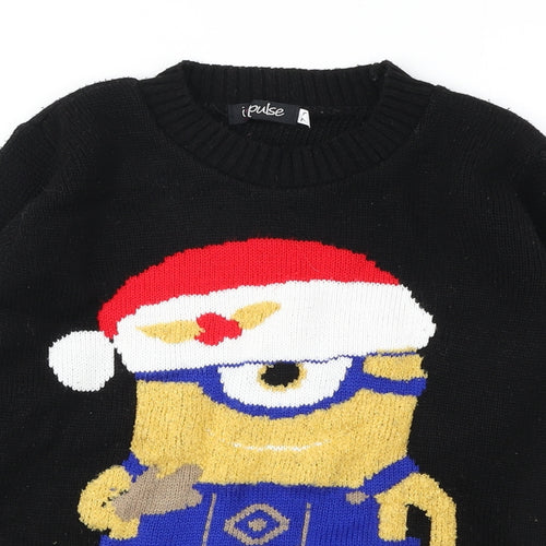Impulse Boys Black Round Neck Acrylic Pullover Jumper Size 7-8 Years Pullover - Minion Christmas