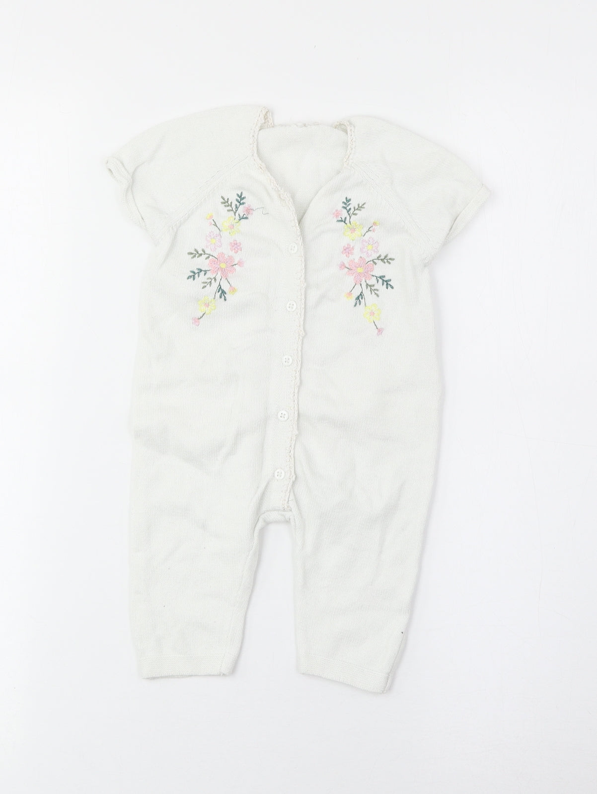 TU Girls White Cotton Babygrow One-Piece Size 3-6 Months Button - Floral Detail