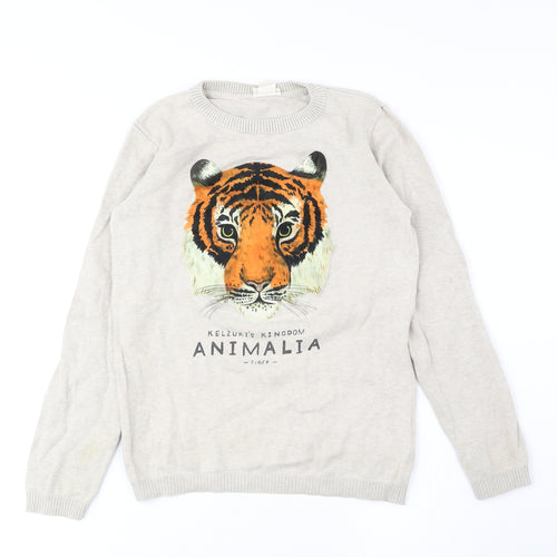 H&M Girls Beige Round Neck Acrylic Pullover Jumper Size 9-10 Years Pullover - Tiger