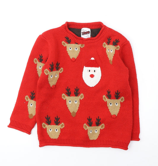 George Girls Red Round Neck Geometric Acrylic Pullover Jumper Size 3-4 Years Pullover - Christmas Reindeer and Santa