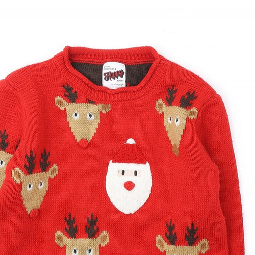 George Girls Red Round Neck Geometric Acrylic Pullover Jumper Size 3-4 Years Pullover - Christmas Reindeer and Santa