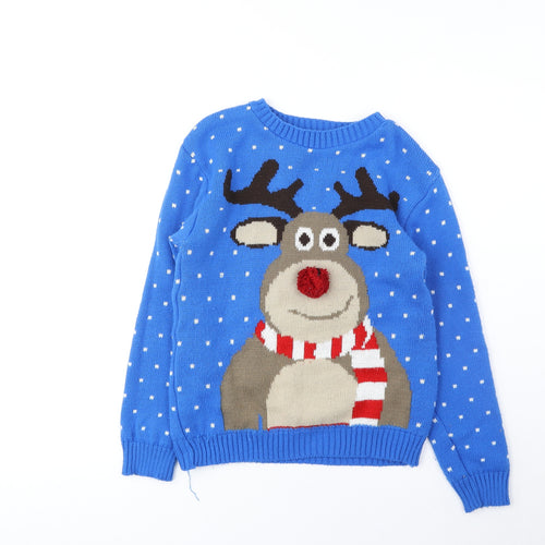 Ruchi Boys Blue Round Neck Polka Dot Acrylic Pullover Jumper Size 9-10 Years Pullover - Reindeer