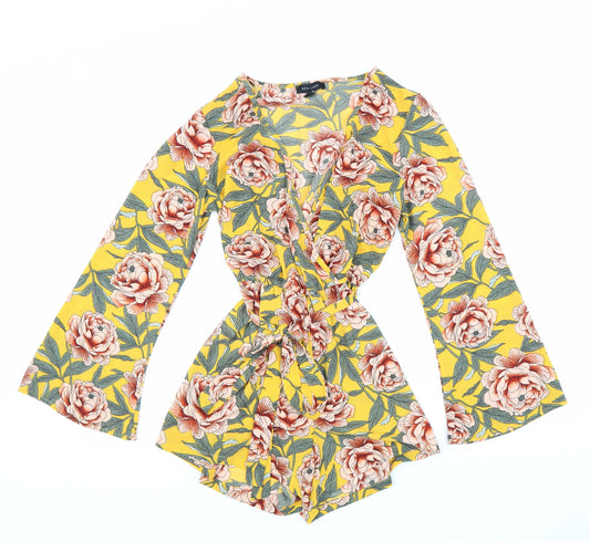 New Look Womens Yellow Floral Viscose Playsuit One-Piece Size 8 Tie