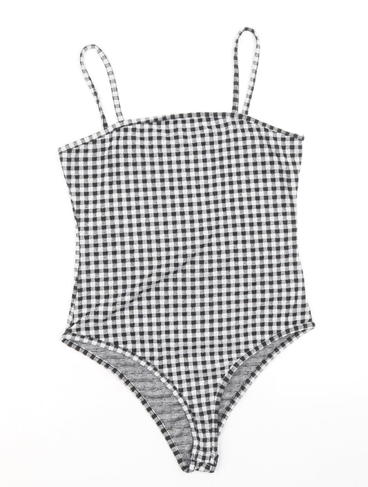 Primark Womens Black Check Polyester Bodysuit One-Piece Size S Snap