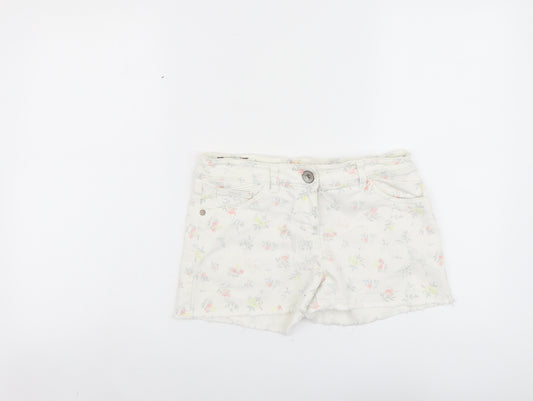 NEXT Girls Ivory Floral Cotton Hot Pants Shorts Size 12 Years Regular Zip