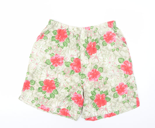 Field Manor Womens Green Floral Viscose Bermuda Shorts Size L Regular Pull On