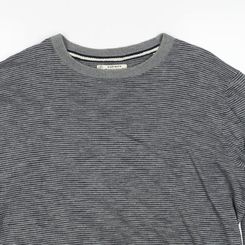 Esprit Mens Grey Round Neck Striped Cotton Pullover Jumper Size 2XL Long Sleeve