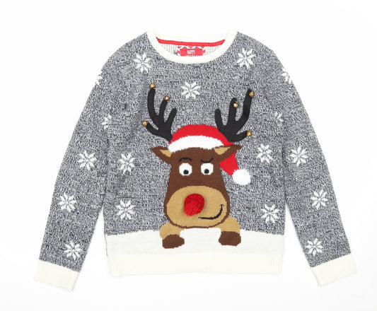 Rebel Boys Blue Round Neck Geometric Acrylic Pullover Jumper Size 12-13 Years Pullover - Christmas Reindeer