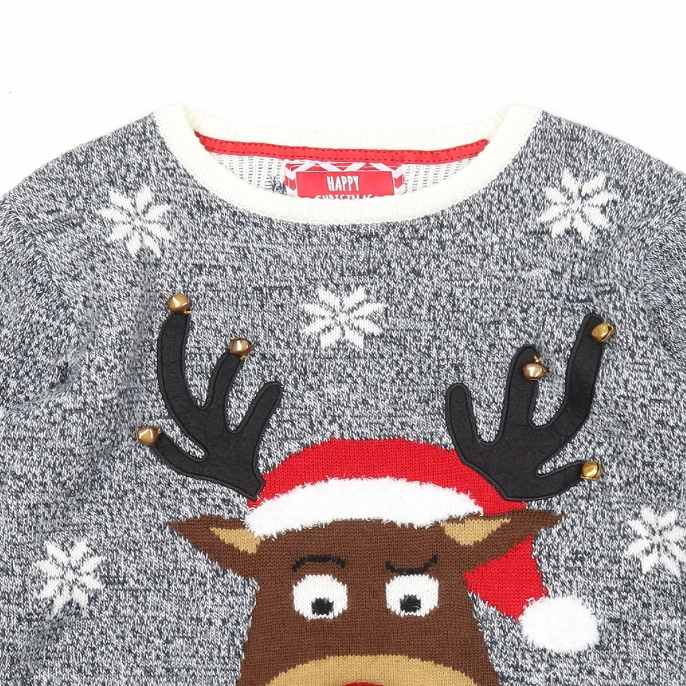 Rebel Boys Blue Round Neck Geometric Acrylic Pullover Jumper Size 12-13 Years Pullover - Christmas Reindeer