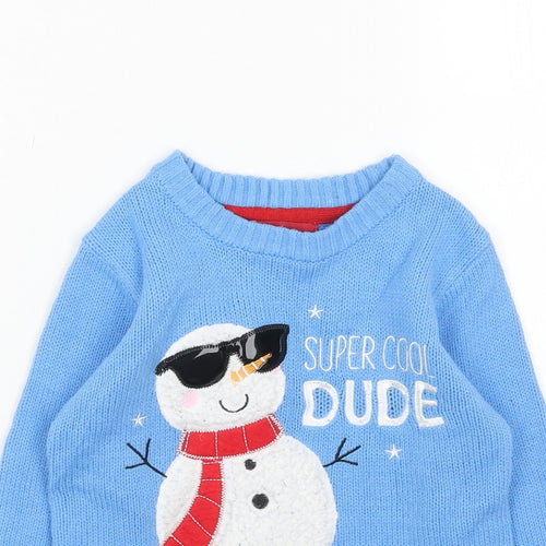 FESTIVE FUN Boys Blue Round Neck Acrylic Pullover Jumper Size 3-4 Years Pullover - Snowman