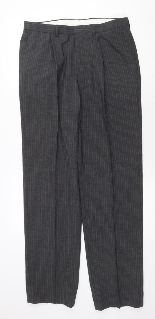 Marks and Spencer Mens Grey Striped Polyester Dress Pants Trousers Size 34 in Regular Zip
