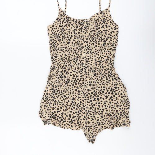 H&M Womens Beige Animal Print Viscose Playsuit One-Piece Size 8 Button - Leopard Print