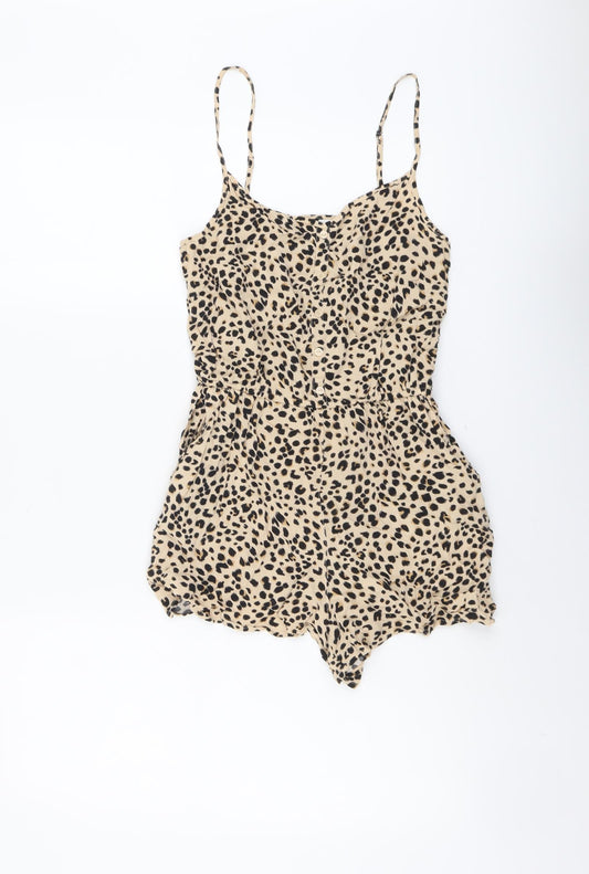 H&M Womens Beige Animal Print Viscose Playsuit One-Piece Size 8 Button - Leopard Print