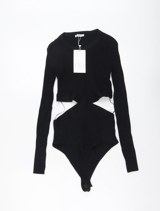 Zara Womens Black Cotton Bodysuit One-Piece Size L Snap - Ribbed Cut Out