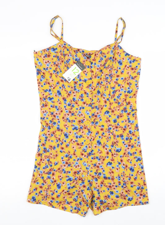 Primark Womens Yellow Floral Polyester Playsuit One-Piece Size 12 Tie - Tie Back